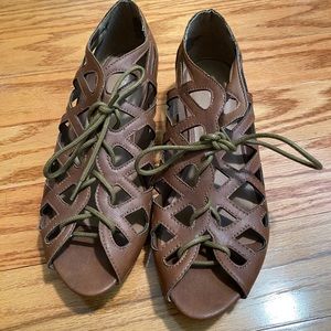 Tan lace-up kitten heel sandals